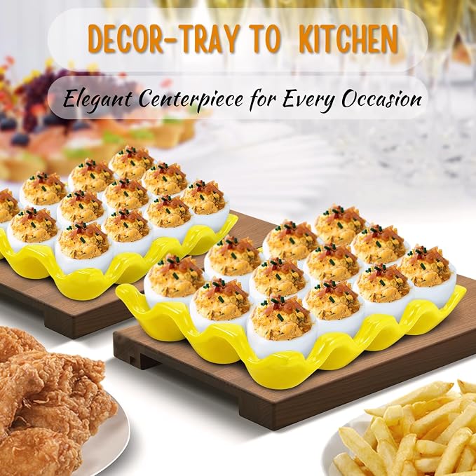Flexzion 12 Cups Ceramic Egg Holder for Fridge - Dozen Ceramic Egg Tray Porcelain Container Storage Organizer Decorative Serving Stand Serveware for Refrigerator Countertop Display (Yellow, 2 Pack) - Image 2