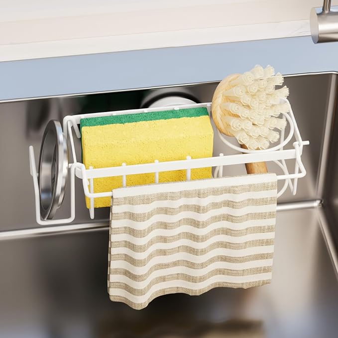 TAILI 4-in-1 Sink Sponge Holder for Kitchen with Strong Suction Cup-White | Removable Sink Caddy with Suction Cup, Rustproof 304 Stainless Steel Multi-compartment Sink Organizer for Sponge, Brushes by TAILI