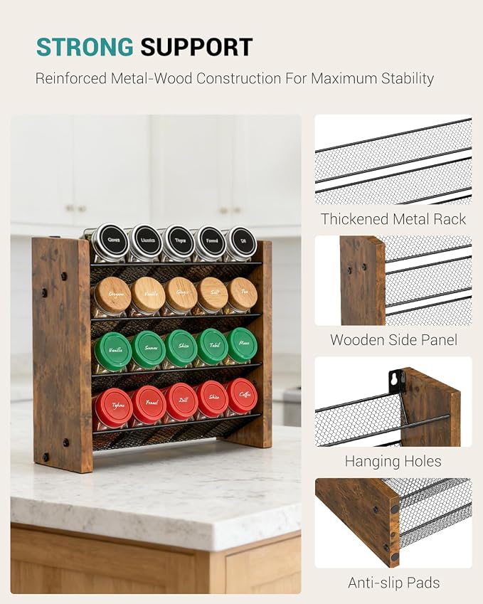 Spice Rack Organizer for Cabinet, Seasoning Organizer, No Jars Included | Holds 20 Standard 4 oz Jars, Fits Jars Under 1.8 in Wide, 4-Tier Kitchen Countertop Shelf, Wall Mount, 10.3" W x 10.3" H - Image 7