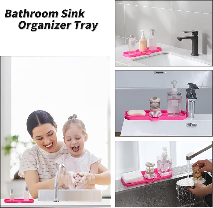 MicoYang Silicone Soap Dish with Drain Spout — Self-Draining Double Sink Organizer Tray for Kitchen & Bathroom, Dispensers, Sponges & Soap Holder, Non-Slip & Dishwasher Safe, Rose (Large, 12"×4") - Image 4