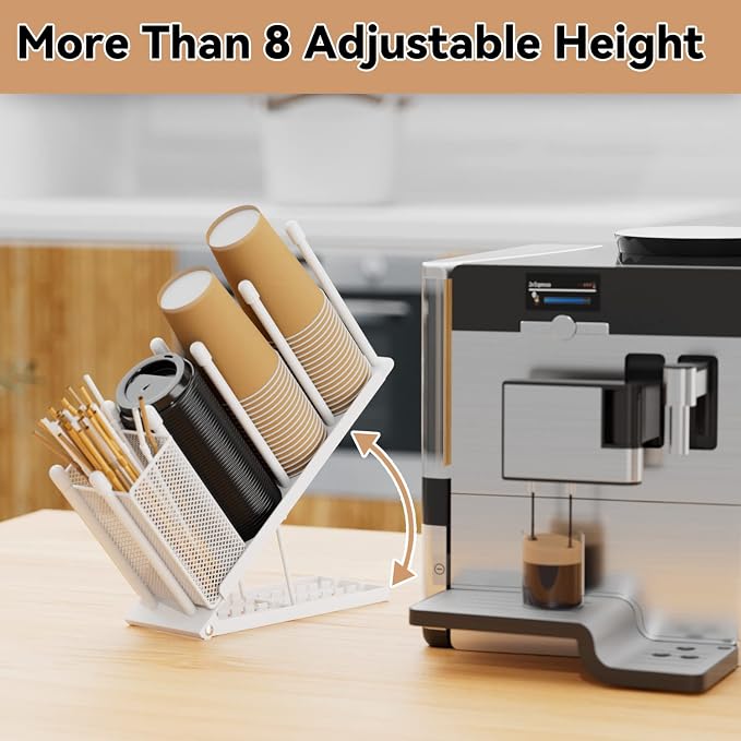 Coffee Cup and Lid Holder - Adjustable 8oz-20oz Disposable Cup Dispenser | 4 Compartment Plastic Paper Cup Organizer Straw Storage Basket for Coffee Bar Station Countertop Office Breakroom Metal White - Image 2