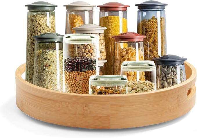 14in Bamboo Lazy Susan Organizer for Cabinet | Spice Turntable Organizer for Kitchen, Round Rotating Serving Tray Turntable Seasoning Organizer for Table Top by Mamalucky