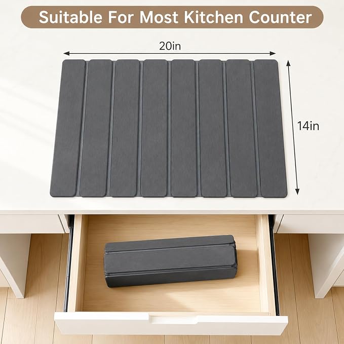 Stone Dish Drying Mat for Kitchen Counter, Thin & Light Quick Dry Stone Dishes Mat, Foldable Water Absorbing Diatomite Drying Pad for Kitchen Bathroom Sink Countertop (Pure Gray 19.7"x13.7" & 8"x4") - Image 5