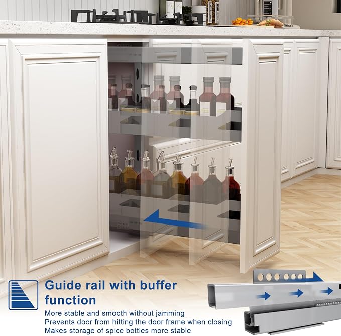 VADANIA Narrow Pull Out Cabinet Organizer, For 10" Base Cabinets | 2-Tier Slim Cabinet Storage with Solid Metal Trays, Soft Close Full-Extension Slides, Reversible Left or Right Side Mount - Image 5