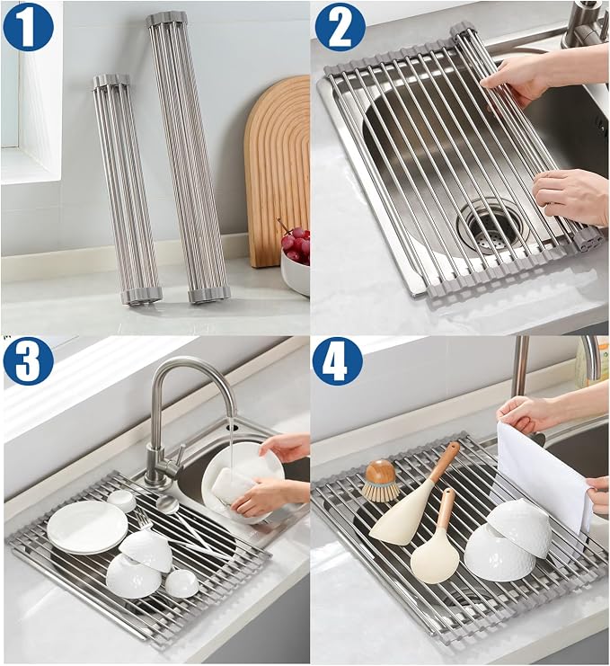 Roll Up Over The Sink Dish Drying Rack Silicone Wrapped Foldable, Heat-Resistant, Anti-Slip Sink Rack Multipurpose Dish Drainer for Kitchen Sink Counter,Sink roll up Drying Rack - Image 5