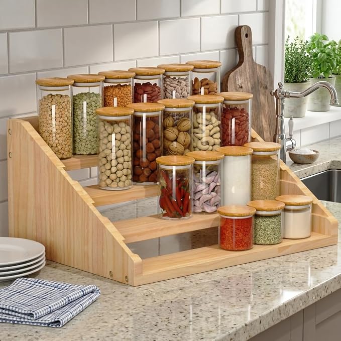 Solid Wood Spice Rack Organizer for Countertop & Cabinet, 4 Tier Adjustable Wooden Spice Shelf with Sliding Track, Premium Step Seasoning Bottle Holder for Kitchen, Pantry, Office, Natural Wood Color - Image 2