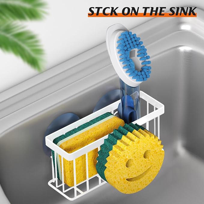 Sponge Holder Smiley Face, Sink Organizer with 2 Suction Cups/1 Adhesive Strips, Designed for Sponge, Soap, Dish Brush, Scrubber - White - Image 5