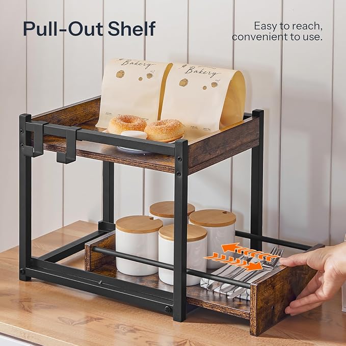 HOOBRO Kitchen Countertop Organizer, Corner Shelf Organizer, 2-Tier Spice Rack with Pull-Out Shelf and Hooks, for Kitchen, Office, Study, Bedroom, Living Room, Rustic Brown and Black BF08TL01 - Image 4