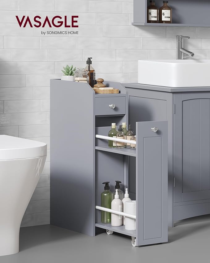 VASAGLE Small Bathroom Storage Cabinet, with Slide Out Drawers，Dove Gray | Slim Bathroom Storage Organizer, Toilet Paper Holder, for Small Spaces, Dove Gray, SIREN Collection UBBC847G02 - Image 2
