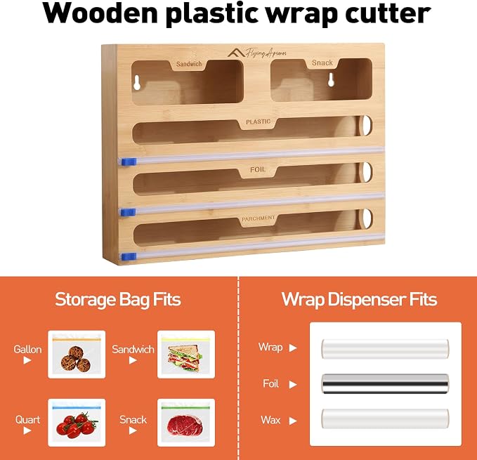 APSARAS USA 5 in 1 Bamboo Foil and Plastic Wrap Organizer for Kitchen Drawer, Ziplock Bag Organizer, Saran Wrap Dispenser with Cutter, Plastic Bag Organizer, Food Storage Bag Organization - Image 2