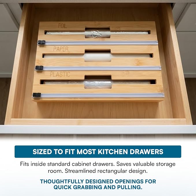 Honey-Can-Do Bamboo Wrap Organizer with Safety Cutter — 3-in-1 Drawer Holder for Aluminum Foil, Wax & Parchment Paper, and Plastic Wrap (Fits 12" Rolls) - Image 4