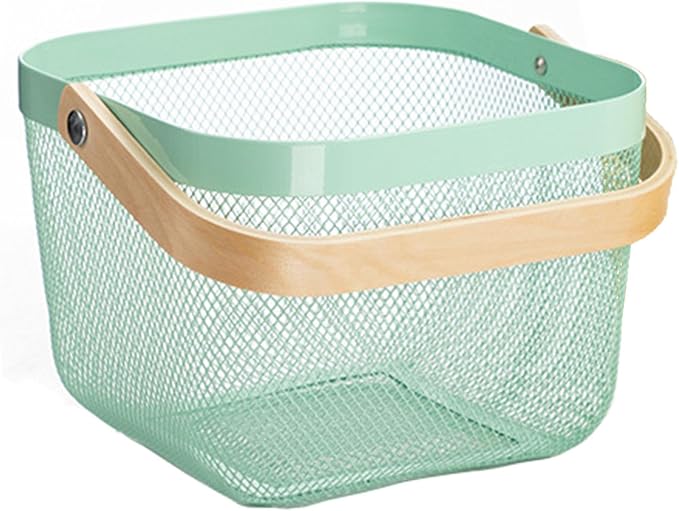 AJIODA Metal Mesh Steel Basket, Storage Organizer Basket Multi-functional Hanging Kitchen Baskets Fruit Basket with Wooden Handle for Kitchen Bathroom Picnic Shopping Decor Cabinet Home, Macaron Blue - Image 3