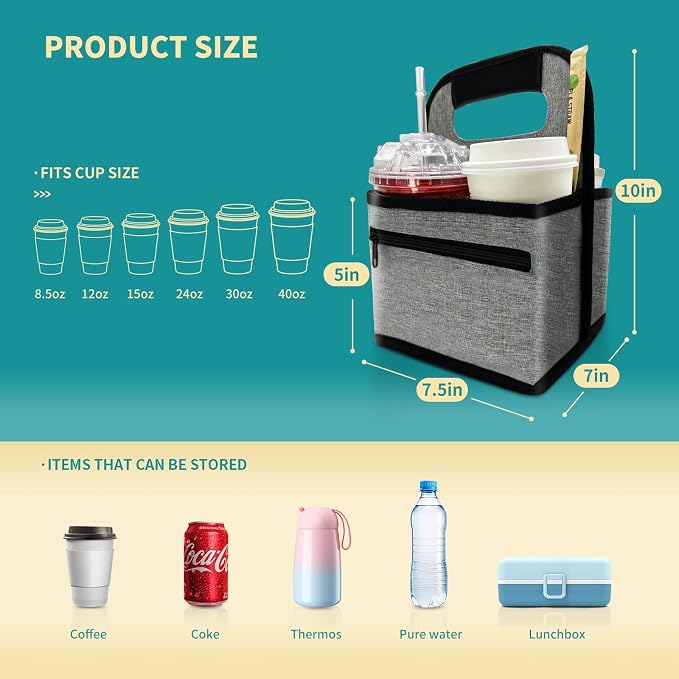 Reusable Coffee Cup or Cans Carrier, Take Out Cup Holder, Handle Tote Bag Drink Holder with 2 Organizer Pockets for Hot & Cold Beverages, for Delivery and Take Out (Neoprene Gray) - Image 2