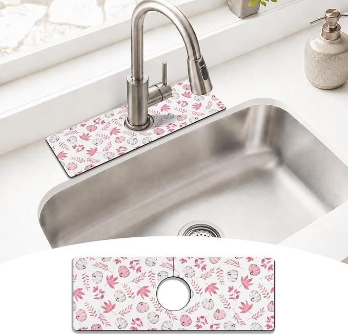 Fall Kitchen Sink Splash Guard Faucet Mat,Pink Maple Leaf Pumpkin Autumn Thanksgiving Faucet Non-Slip Absorbent Mat,Farmhouse Sink Splash Guard Behind Faucet for Kitchen Bathroom, 15"x5.5" by puwbnhj