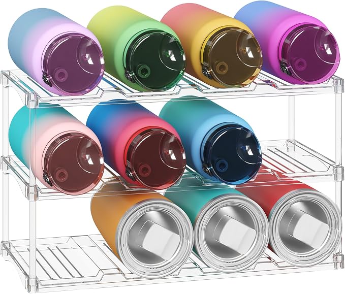 Lifewit Stackable Bottle Storage Organizer, Clear Freestanding Wine Holder for Cabinet, Large Slot Water Bottle Tumbler Cup Organizer for Pantry, Plastic Wine Rack for Fridge Cellar, 3Tier Hold 12 by Lifewit