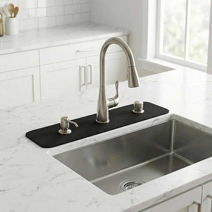 Cuttable Kitchen Sink Faucet Mat: 2PCS 24"Lx5.5"W DIY Splash Guard for Irregular Sink 2, 3 holes, Soap Dispenser & Air Gap - Bathroom Counter Protector Drip Catcher with Pre-Cut Center Hole, Black by PopKozzi