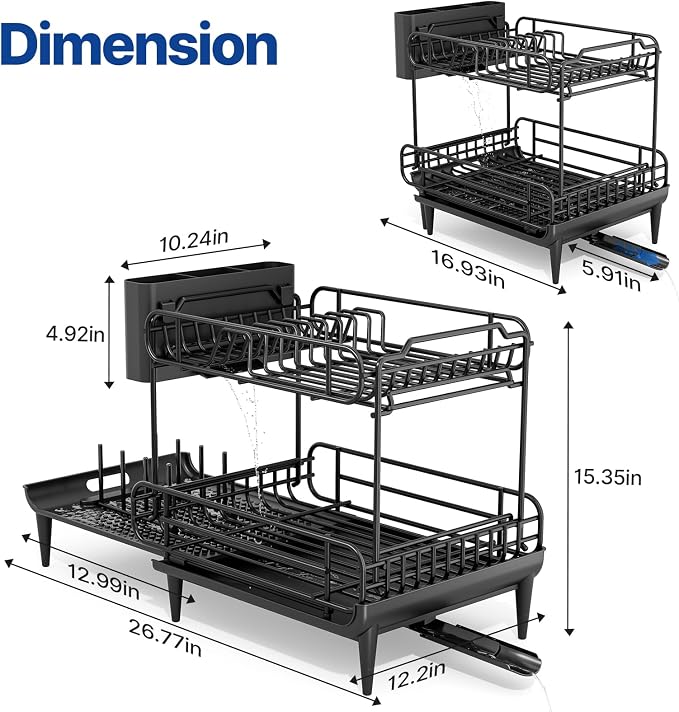 Urackify Dish Drying Rack for Kitchen Counter, Expandable 2 Tier Dish Rack, Large Capacity Dish Drainer with Drainboard Multifunctional Dish Strainer with Removable Cutlery Holder Black | 2 Tier. Expands from 16.9 to 26.6 inches to fit more dishes, wit... - Image 3