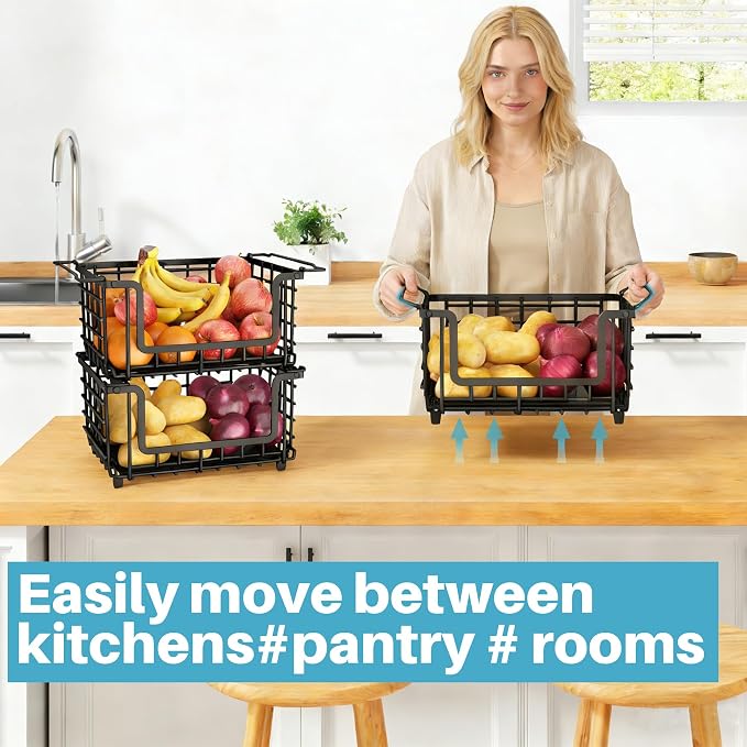 2 Pack Stackable Metal Wire Vegetable Fruit Basket for Kitchen Counter Cabinet, Pantry Organizers and Storage Basket, Food Can Snack Onion Potato Bread Storage Shelf Freezer Organizer Bins Containers - Image 2