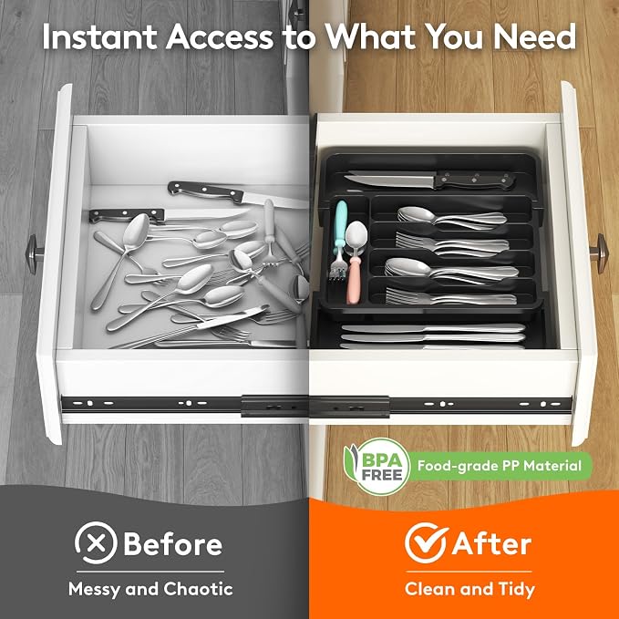 Lifewit Silverware Drawer Organizer, Expandable Utensil Tray | BPA Free Flatware Cutlery Holder for Kitchen, Adjustable Plastic Storage for Spoons Forks Knives, 8.9-14.7 x 12.2, Black - Image 7