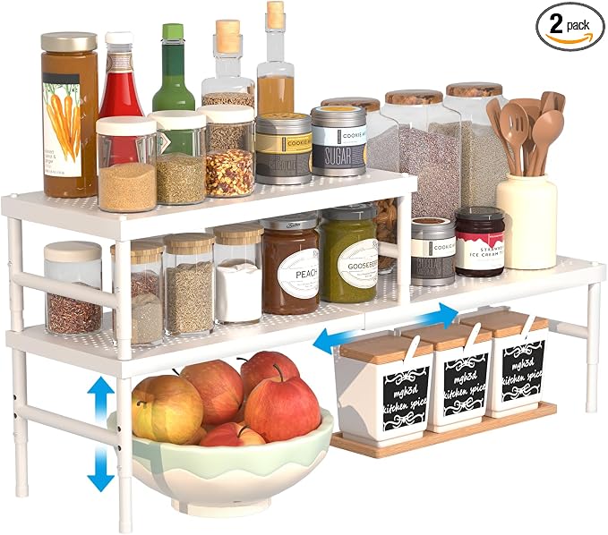 2 Pack Expandable adjustable stackable kitchen organizer,Spice Racks,Counter Shelf for Cabinets,Small Cupboard Organizers,Heavy Duty Metal Pantry Storage Shelves Racks for kitchen,cabinet, bathroom by WELCOMETOHININGER