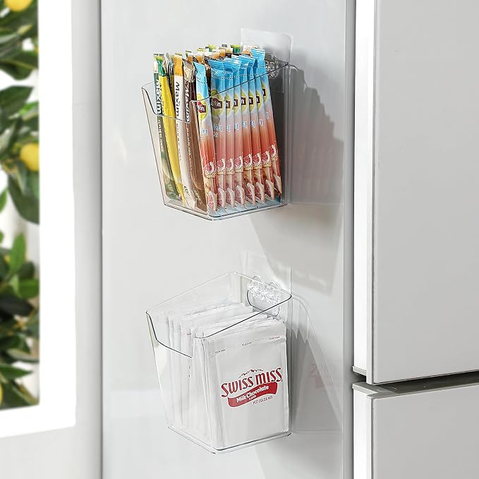 2-Pack Kitchen Cabinet Door Organizer Adhesive, Drink Packet Organizer | Hanging Storage Bins, Stick on Small Wall Storage Container, Clear Bathroom Under Sink Caddy Spice Rack for Pantry Organizer by Hiopeak