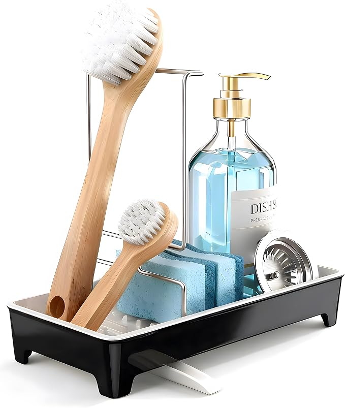 Minimalist Sink Caddy, Rustproof Sponge Holder for Kitchen Sink Black | Large Rustproof countertop organizer with 304 stainless steel brush holder, raised ridges and silicone drain tube - Image 2