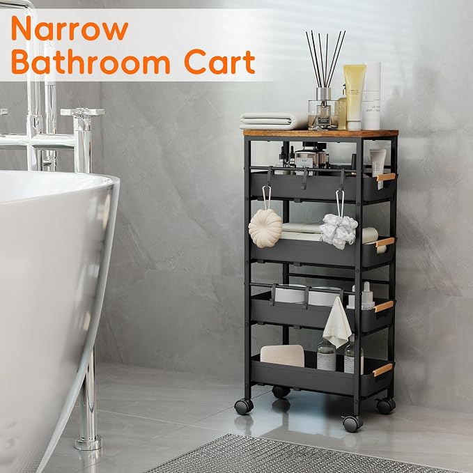 5-Tier Slim Storage Cart, Wooden Top Rolling Kitchen Cart with Pull-Out Baskets & Wheels, Narrow Space Utility Cart Slide Out Organizer for Kitchen, Bathroom, Laundry Room, Black - Image 8