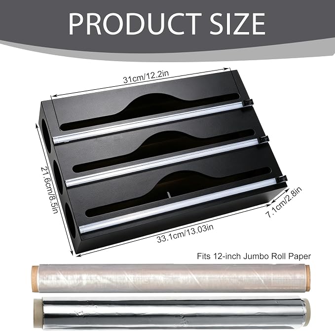 Wrap Dispenser Compatible with Saran, 3 in 1 Cutter Organizer, Black | Three slots hold standard 12-inch rolls, with side loading and wall-mount option to help keep cabinets and counters tidy - Image 2