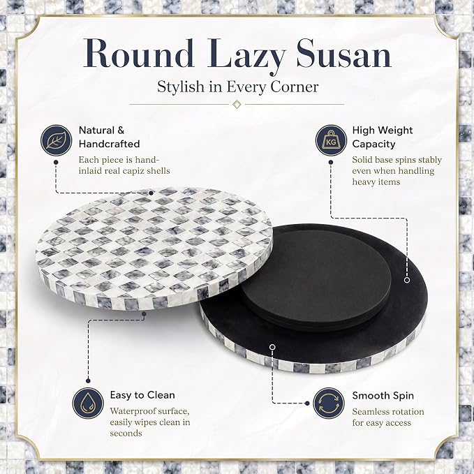 Reallnaive Mother of Pearl Lazy Susan for Table Turntable Organizer Marble Patterned Lazy Susan Wood Spinning Tray Rotating for Kitchen Cabinet Spice Pantry 12 Inch(Round,Black White Checkerboard) - Image 6