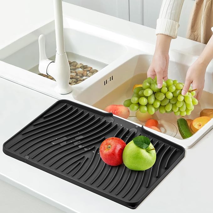 TIKNIK Silicone Dish Drying Mat for Kitchen Counter, Black-2pcs, 16" x 12" | Heat Resistant & Non-Slip Dish Drain Pad with Built-In Drain, Dishwasher Safe, Quick-Dry, Hangable & Roll-Up for Storage - Image 6