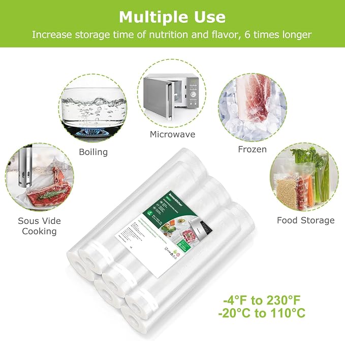 Bonsenkitchen Vacuum Sealer Rolls bags, 3 Rolls 11"x 20'+ 3 Rolls 8"x 20' | 6 Pack, Commercial Grade, Durable, BPA-Free, Custom-Size Vacuum Sealer Bags for Dry/Moist Food Storage and Sous Vide, VB3211 - Image 3