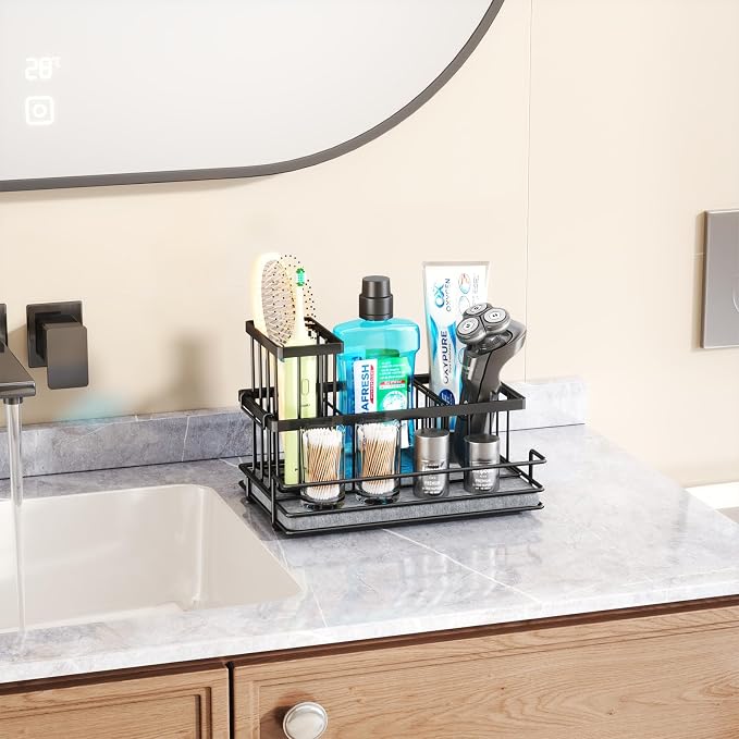 HapiRm Sink Caddy Sponge Holder - Kitchen Sink Organizer with Instant Drying Stone and Brush Holder, Stainless Steel Bathroom Counter Organizer - Black - Image 8