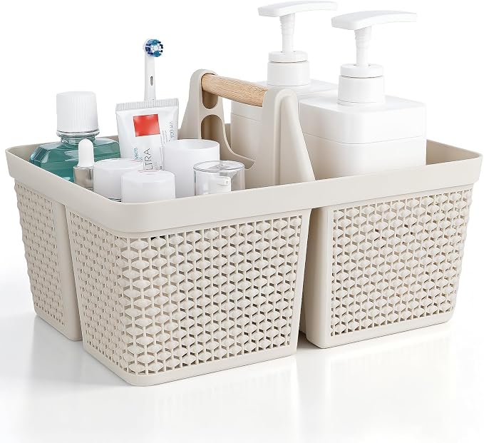 UUJOLY Portable Plastic Shower Caddy Basket with Wooden Handle, Beige | Divided Storage Organizer Tote for Bathroom, Dorm, College, Kitchen & RV – Lightweight, Easy-Carry Essentials Caddy by UUJOLY