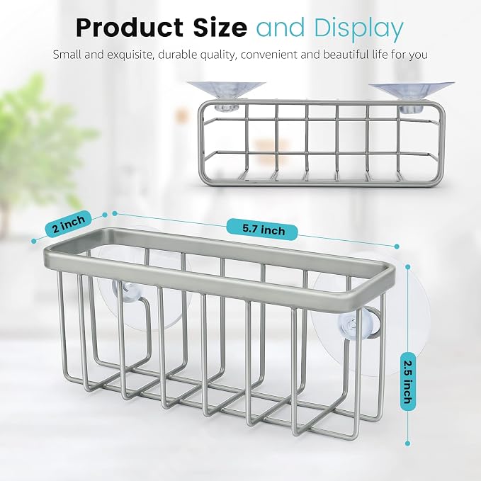 HLOOL Sponge Holder for Kitchen Sink, Kitchen Sink Caddy -Mat Silver | Dish Soap Holder,Kitchen Sink Organizer for Sponge, Brushes, Stoppers and Scrapers Storage Accessories - Image 2