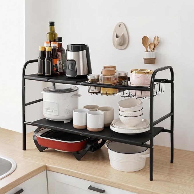 Expandable 2 Tier Under Sink Organizer, Black, 28.74-34.5 Inch Width | For Kitchen and Bathroom, 2 Storage Baskets, 6 Removable Panels, Adjustable Height Metal Shelf, Fits Pipes - Image 5