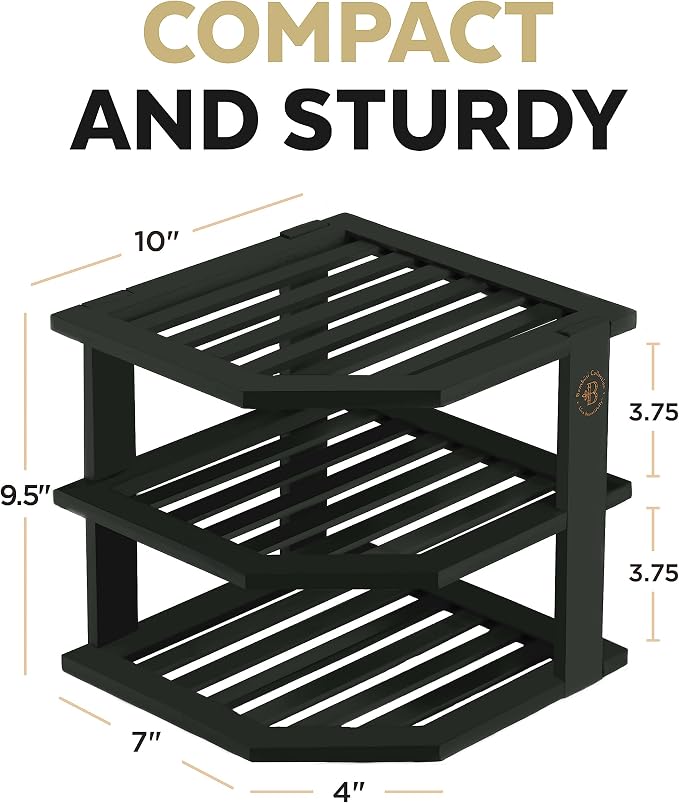 Black Plate Organizer for Cabinet - 3 Tier Bamboo Corner Cabinet Organizer Shelf for Plates Bowls Mugs Cups, Kitchen Cabinet Organizer, Cabinet Shelf Organizer, Countertop Rack, 10 x 10 x 9.5 Inch - Image 3