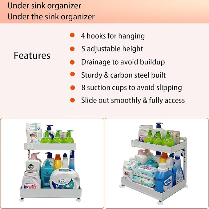 Under Sink Organizer, Bathroom Counter Organizer, 2 Pack 2 Tier L-Shape White, Adjustable Height Carbon Steel, Under Cabinet Storage with Pull Out Drawer, Use for Kitchen Bathroom Office Shop Laundry - Image 2