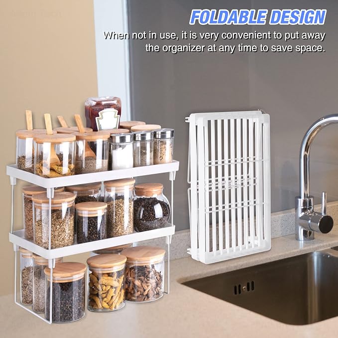 NiHome 8-Pack Stackable Plastic Kitchen Storage Shelf Foldable Rack, White | Stackable Kitchen Cabinet Organizer and Storage Shelves, Expandable Storage Racks for Counter Cabinet Pantry - Image 7