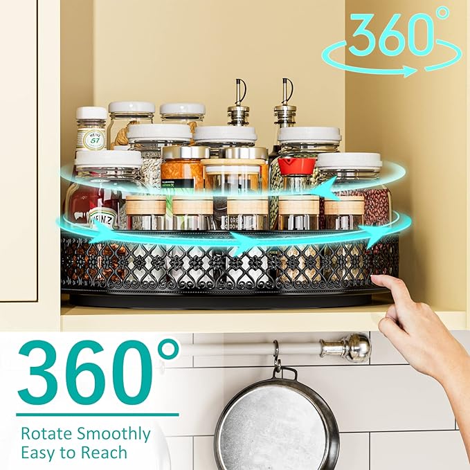13 inch Lazy Susan Turntable - Metal Spice Organizer for Cabinet Table Top | 360° Smooth Rotating Tray Black Lazy Susan with Rim for Dining Table, Pantry, Countertop, Kitchen, Bathroom Vanity Storage - Image 2