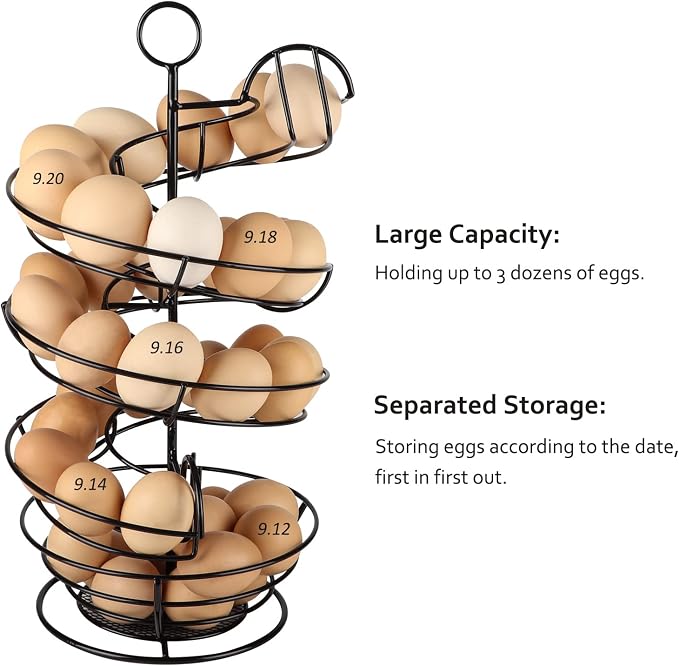 QUTREY Black Metal Egg Holder Countertop, Fresh Egg Skelter, Spiral Design Egg Dispenser Rack with Storage Basket for Display Easter Eggs - Image 4