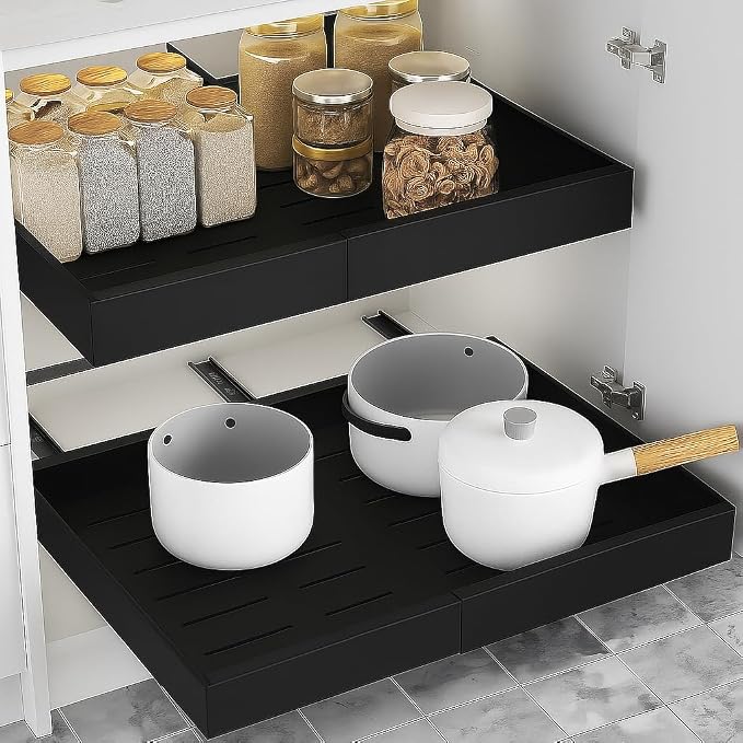 Expandable Pull Out Drawers for Cabinets(Black) : Kitchen and Pantry Organizer, Sliding Cabinet Organizer with Adhesive, Under Sink and Pots Storage, Depth 16.5". expandable pull out cabinet organizer by Unknown
