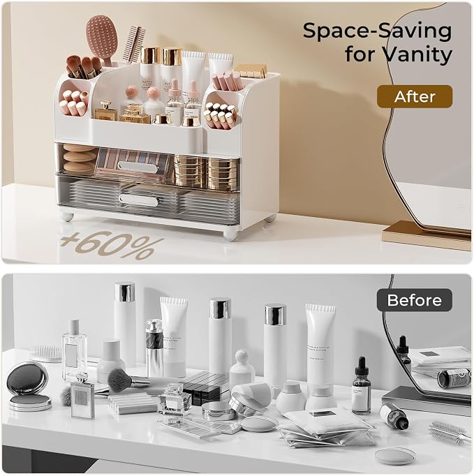 UFORU Makeup Organizer Countertop with 2 Large Drawers for Vanity Bathroom | Brush Holder, Large Capacity, Thickened Plastic, Compact Footprint, Space-Saving Design, Easy Clean, Ideal for Dorm Rooms - Image 6