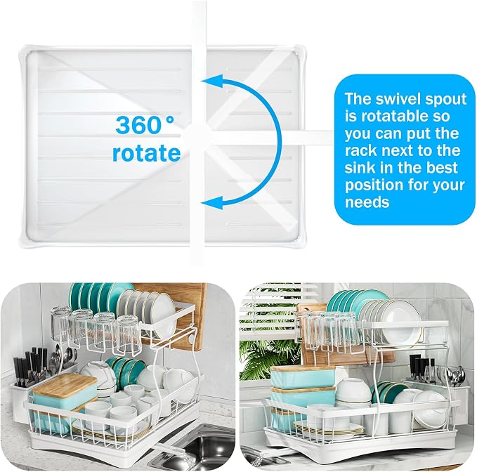 7 code 2-Tier Large Dish Drying Rack for Kitchen Counter, White | Detachable Large Capacity Dish Drainer Organizer with Auto Drain, Anti-Rust Dish Rack with Cup & Utensil Holders - Image 2