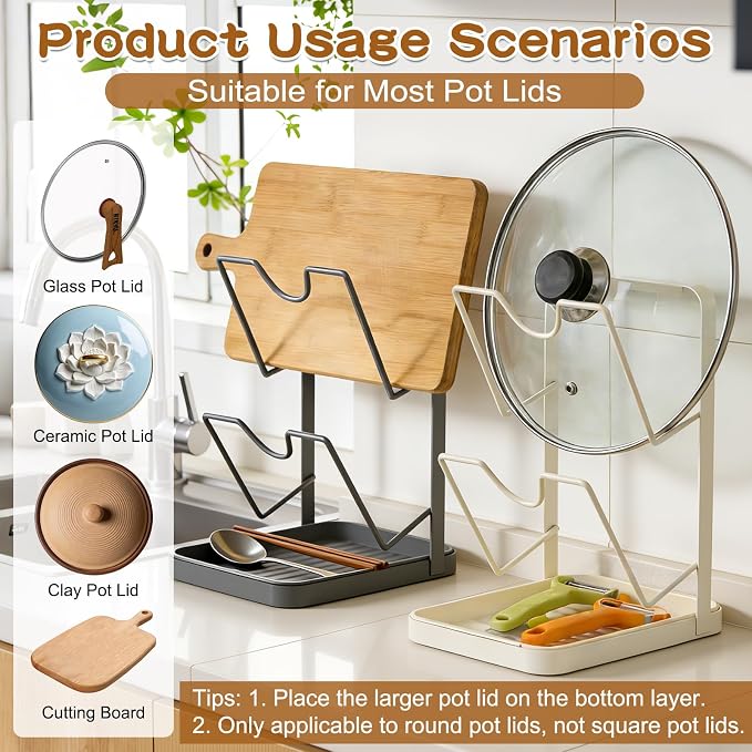 Kitchen Pot Lid Storage Rack, Double-Layer Pot Lid Organizer with Removable Drip Tray,Pot Lid Holder While Cooking,Space-Saving kitchen Countertop Organizer Storage for Pots Pans & Cutting Boards - Image 6