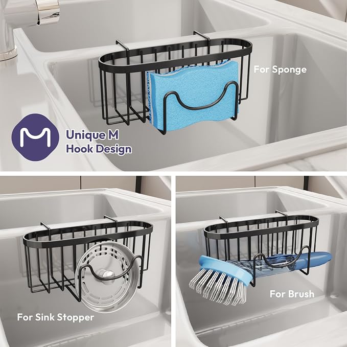 SWTYMIKI Sponge Holder for Kitchen Sink - Movable Kitchen Sink Caddy with M Shape Hook Stainless Steel Hanging Sponges Caddy Organizer in Double Bowl Sinks Depth>3.15in, Middle Divider<1.5in, Black L - Image 3