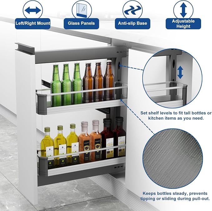 VADANIA Narrow Pull Out Cabinet Organizer, For 10" Base Cabinets | 2-Tier Slim Cabinet Storage with Glass Side Panels, Soft Close Full-Extension Slides, Reversible Left or Right Side Mount - Image 4