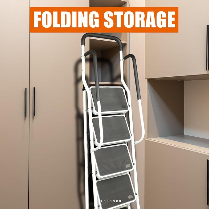Jack Boss 4 Step Ladder, Requires Simple Installation, Folding Lightweight Step Stool with Handrails and Wide Anti-Slip Pedal for Home, Kitchen and Garage, Service Height 37.8 inch, 400 lbs Capacity - Image 5