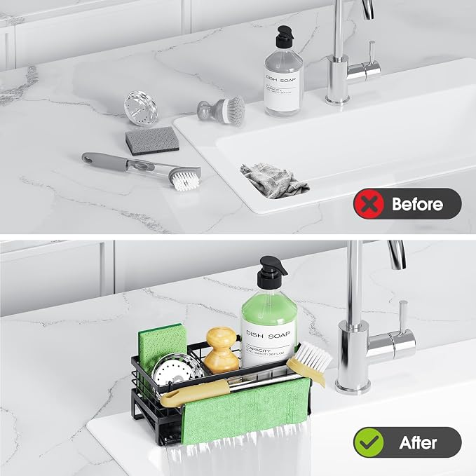 Self-Draining Kitchen Sink Caddy, Rustproof Non-Slip Metal Sponge Holder with Detachable Dish Cloth Holder (Black) - Image 7