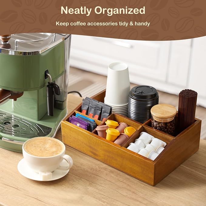 Acacia Wood Coffee Station Organizer for Countertop, Coffee Bar Accessories and Organizer, Pod Holder Storage Basket for K Cup Sugar Tea Bag - Image 5