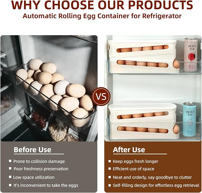 Egg Holder for Fridge, Automatic Rolling Egg Organizer for Refrigerator, Stackable Egg dispenser for refrigerator, Egg Storage & Egg Rack with Lid, Egg tray for Kitchen & Pantry Storage, FIFO Design - Image 3